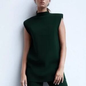 Zara Green Sleeveless Knit Shoulder Pad Top(Size Small)